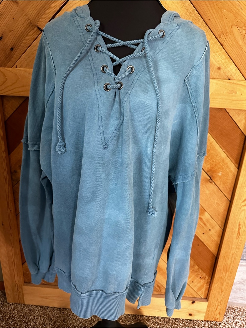 Lace-Up Hoodie Sweatshirt in Dusty Blue by Easel
